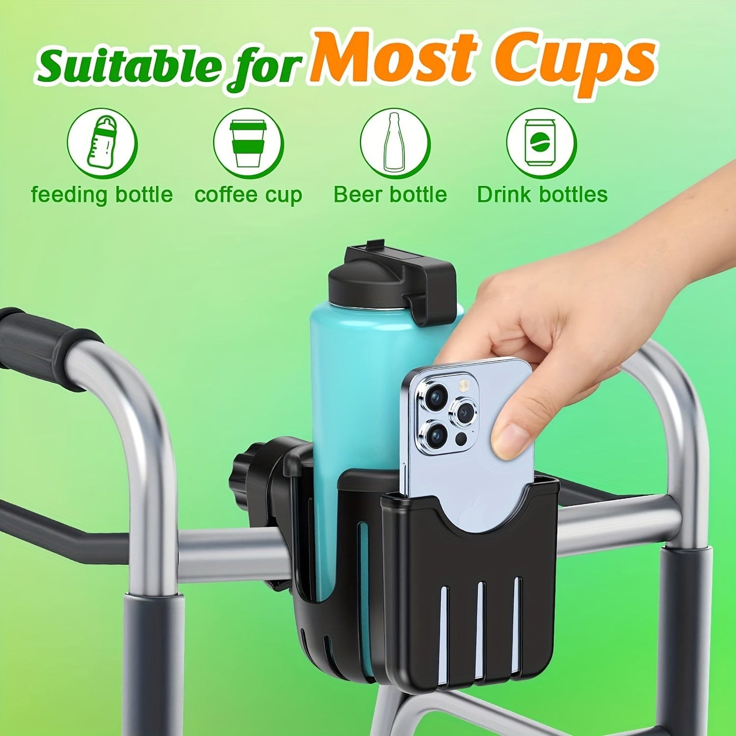 The stroller cup holder for youngsters, complete with a mobile phone holder, can be easily attached to wheelchairs, bicycles, scooters, and strollers. A convenient accessory for parents and caregivers, it also makes a great gift for women and men.