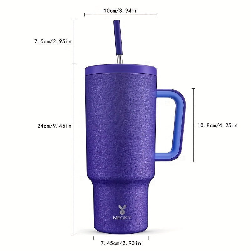 Stainless steel tumbler with lid and straw, leakproof and BPA-free for hot/cold drinks, ideal for camping, hiking, and driving.