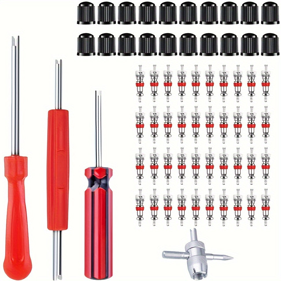 Valve Core Tool Kit with 64 Pieces, Made of Metal, Does Not Require Power, Ideal for Heating, Cooling, and Air Purification Appliances. Includes Dual-Head Valve Core Remover, 4-Way Brass Valve Stem Caps, and Stem Tool.