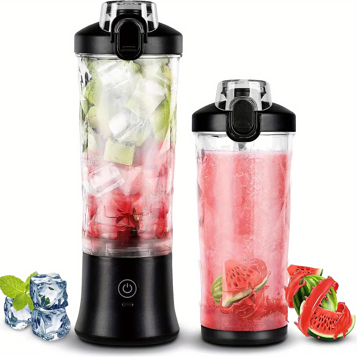 1 portable blender, 20oz capacity, handheld juice mixer, USB rechargeable, 2000mAh battery, non-slip base, push button control, easy to clean, ≤36V, 0.5L capacity.