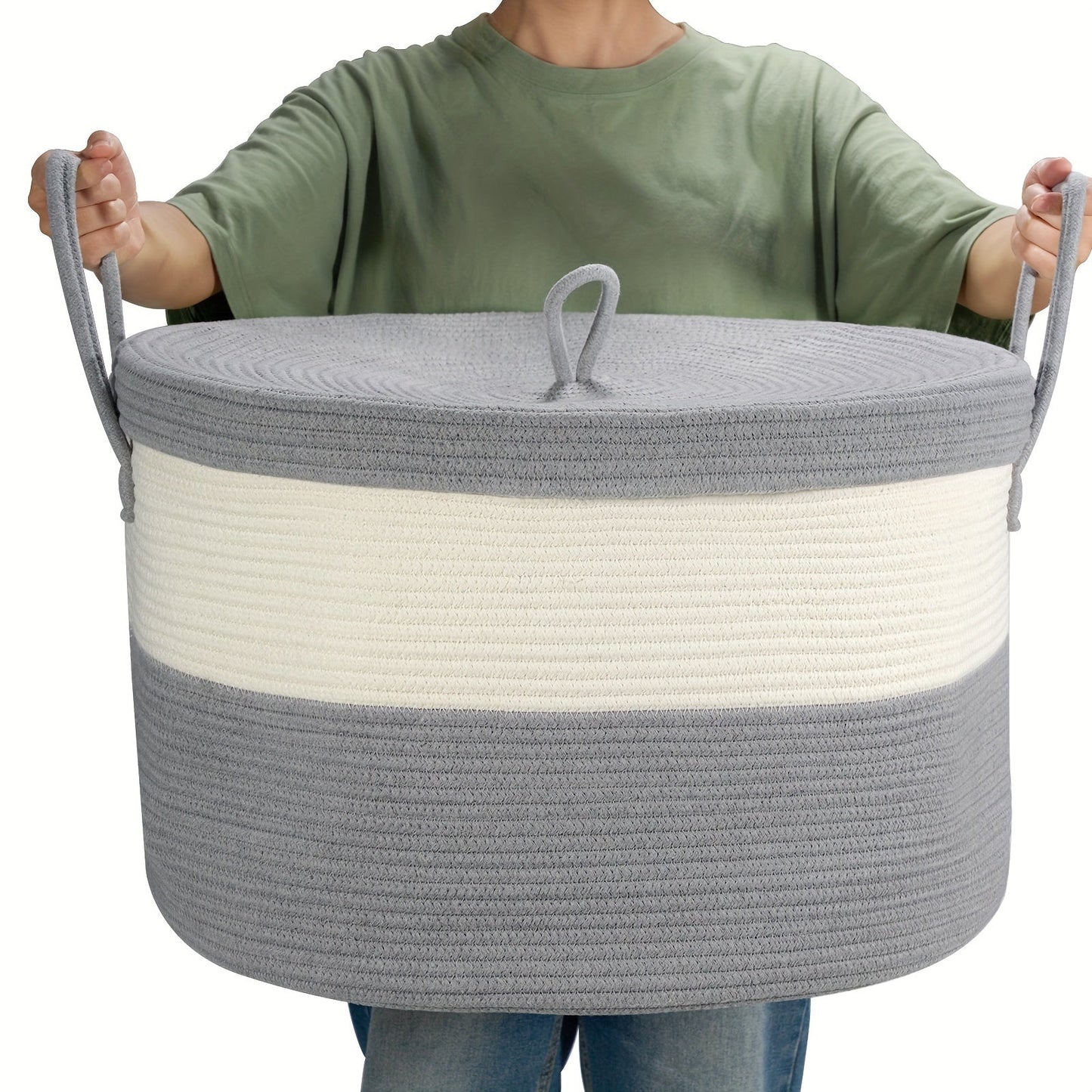 Extra large gift basket for kids with lid, measuring 55.12cm x 55.12cm x 35.05cm. Made of rope woven material, perfect for storing blankets, toys, laundry, and more. Ideal as a keepsake, Thanksgiving, or Christmas present in a stylish gray and white