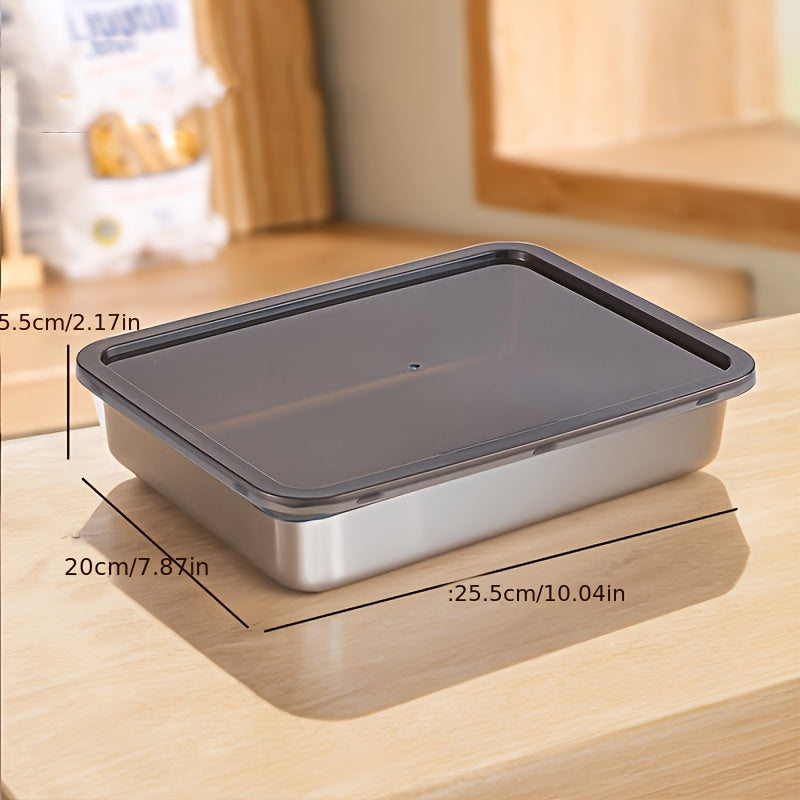 Set of 3 durable stainless steel food storage containers, leak-proof, BPA-free, microwave & freezer safe, shatterproof, multipurpose flip top rectangular kitchen organizers.