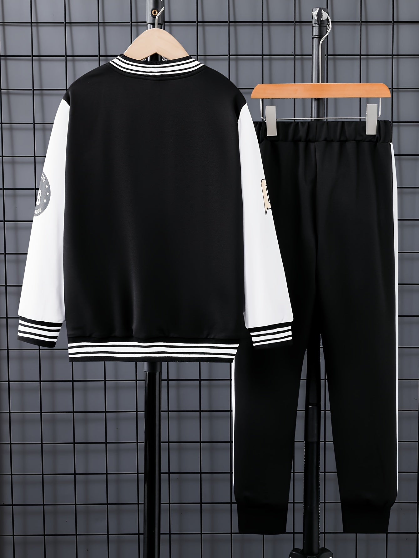 Boys' Donabebe Varsity Jacket & Pants Set with Color Block "A" Print, Polyester Outfit for Fall/Winter Outdoor Wear