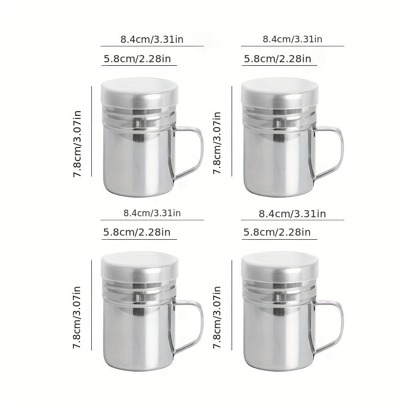 Multipurpose stainless steel spice jar with handle and lid, perfect for storing sugar, cinnamon, pepper, salt, and spices in homes, cafes, and restaurants.