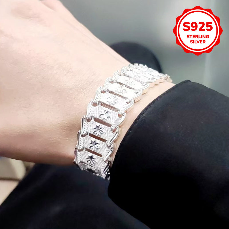 Sophisticated Men's S925 Sterling Silver Wide Bracelet featuring a European Coin Design, 12mm in size. Hypoallergenic and suitable for both daily wear and special occasions, this bracelet exudes a retro and French-inspired style. Perfect gift for