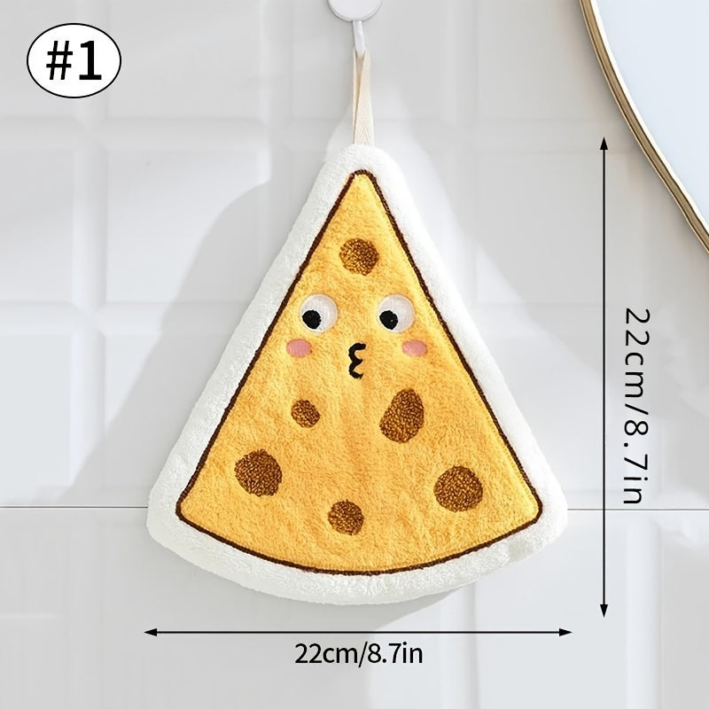 Cartoon food shaped hand towel made of soft coral fleece, quick-dry and absorbent for bathroom or kitchen use. Features designs of cheese, bread, and cookies, can be used as hanging wipe cloth. No electricity required.