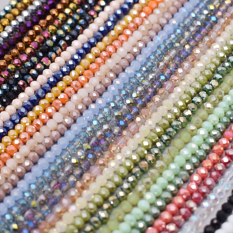 720 pieces of faceted glass rondelle beads measuring 4mm each, sold in a convenient bag. Perfect for crafting jewelry, DIY projects, and adding embellishments to clothing items such as necklaces, bracelets, and more.