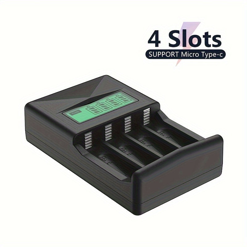 PUJIMAX 4-slot LCD smart charger for AA/AAA Ni-MH/Ni-CD rechargeable batteries with USB power mode, operating voltage ≤36V, battery not included.