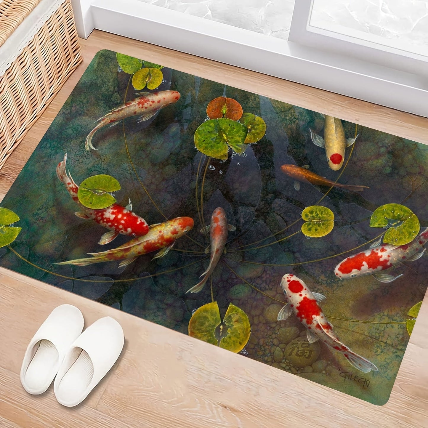 Hand-painted style rug featuring a Koi fish pattern, perfect for welcoming guests in your entrance or as a decorative piece in your living room, bedroom, dining room, kitchen, reading room, or laundry room.