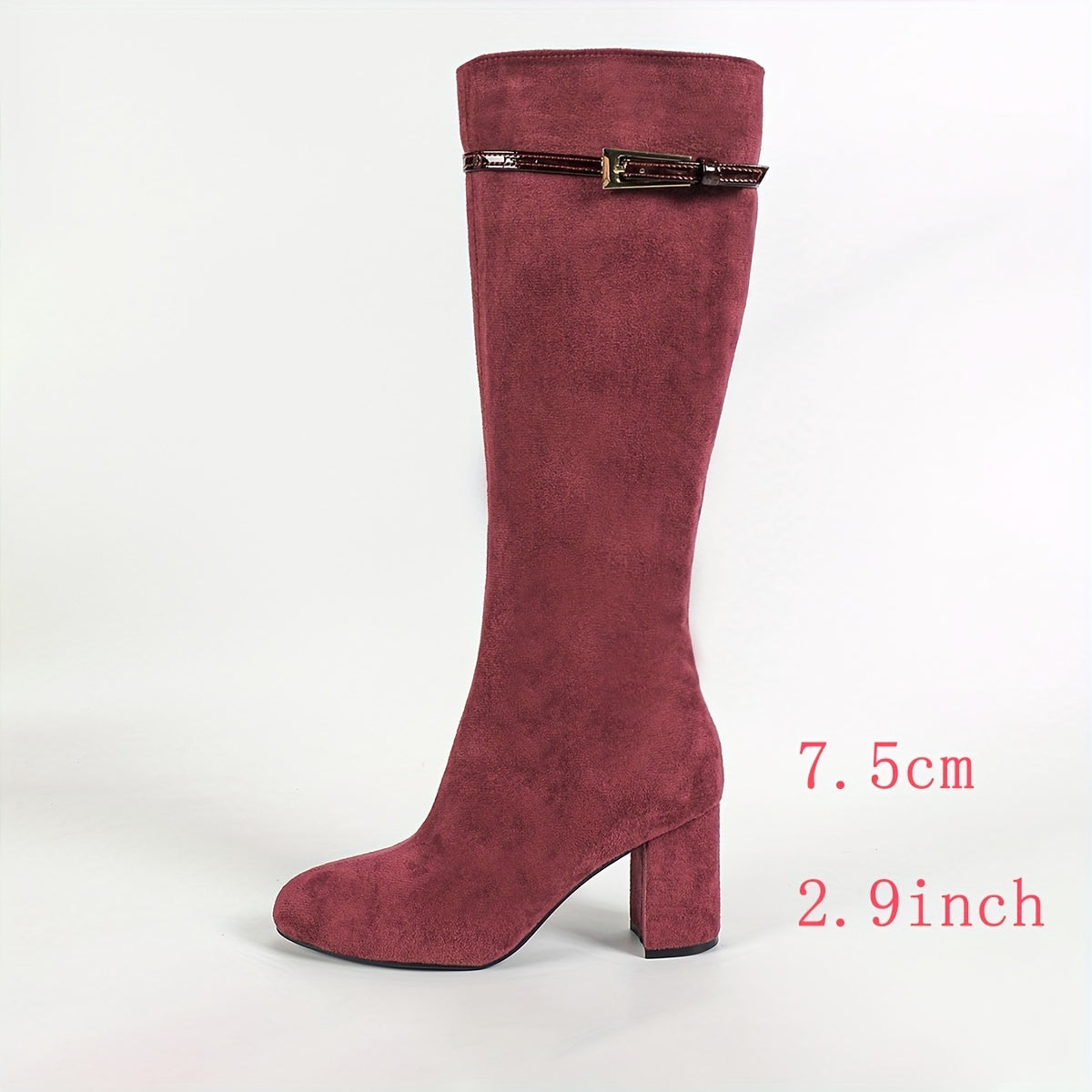 Burgundy side zip round toe knee-high boots with chunky heels.