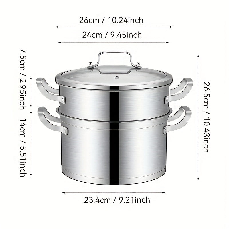 This stainless steel double boiler pot comes with a clear lid and measures 10 inches in size. It is designed for easy cleaning and features a non-stick bottom, making it ideal for both kitchen and restaurant use. The pot has a composite bottom, so it is