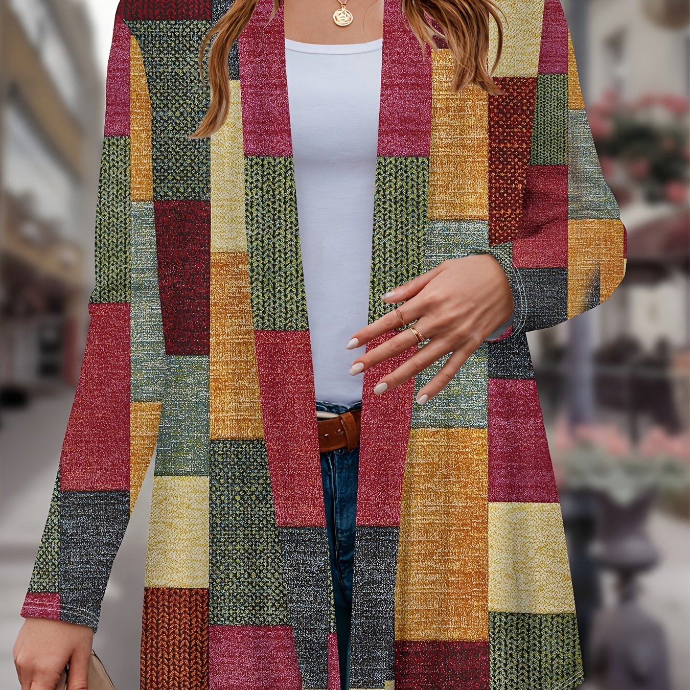 Plus-size casual cardigan for women with long sleeves, lapel collar, patchwork 3D print, slight stretch, 180g/m² fabric weight, suitable for spring/fall season.