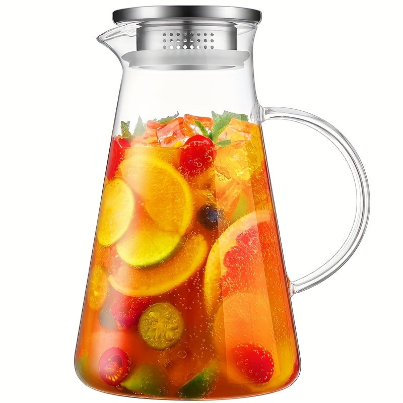 Heat resistant glass pitcher with lid, perfect for hot/cold drinks. Featuring a 1.8L clear beverage carafe with handle for easy serving. Ideal for home, restaurant, or office use. Easy to clean and makes a great gift for Christmas or New Year. A