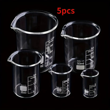 Set of 5 high-quality borosilicate glass beakers with V-shaped spout design, ideal for educational and research purposes. Sizes range from 0.17oz to 3.38oz, suitable for students and