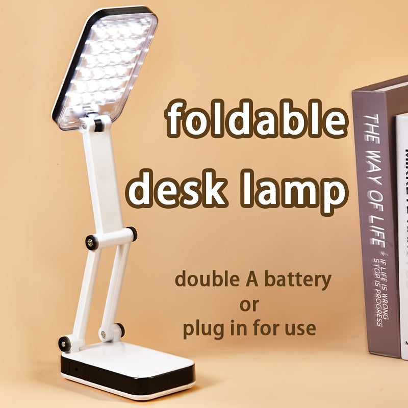 Compact LED desk lamp with eye protection, dual power options, and foldable design - perfect for students reading in dorms and bedrooms.