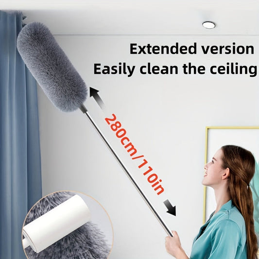 The Extendable Microfiber Duster with Retractable Pole is 280.42cm long and perfect for reaching difficult areas. This flexible dusting wand is ideal for cleaning bed bottoms, ceiling fans, furniture, car interiors, and window tracks. No battery is