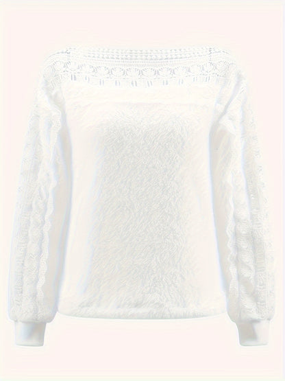 Stylish white lace-trimmed sleepwear top for women made of soft polyester with long sleeves, round neck, and machine washable - perfect for chic fashion in Spring/Summer/Fall.