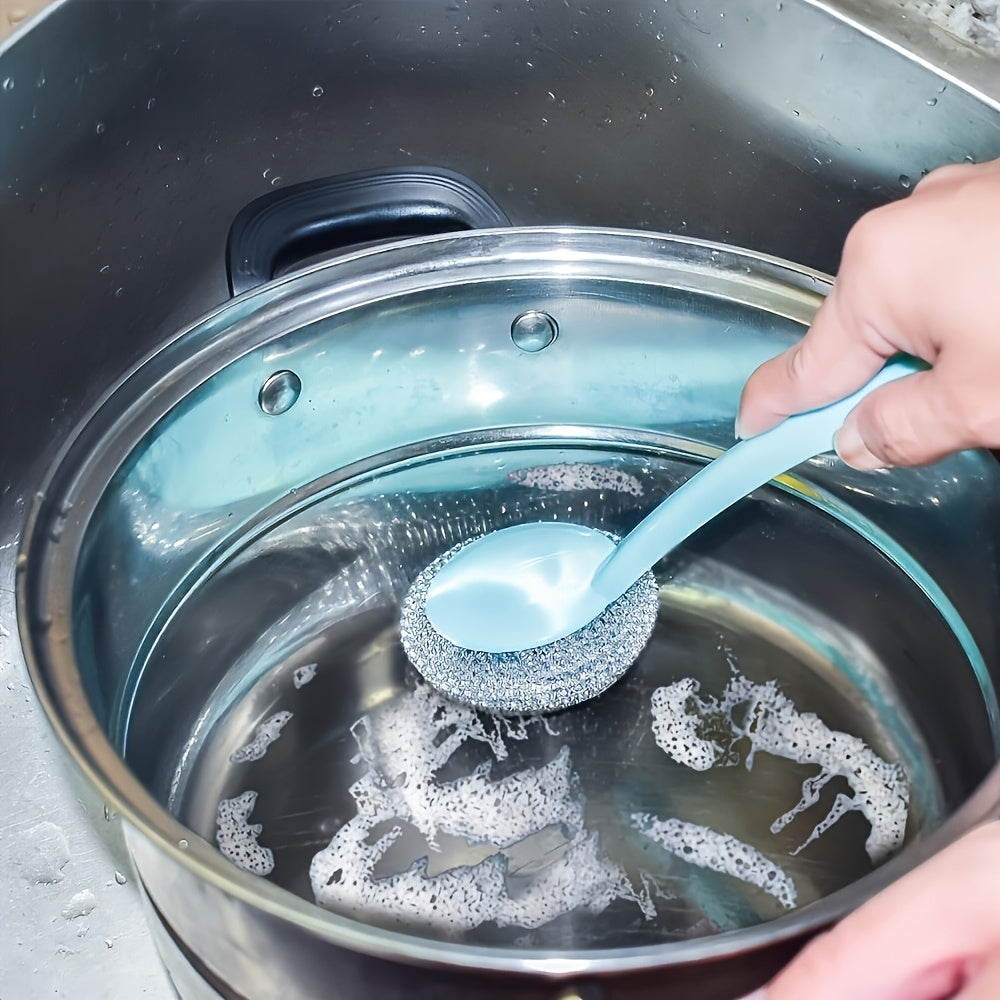 Introducing a 6-piece stainless steel brush set, which includes 4 brush heads, a long handle, and a short handle. This set is perfect for cleaning kitchens, bathrooms, and toilets. It also comes with heavy-duty steel wool scrubbing pads and a manual