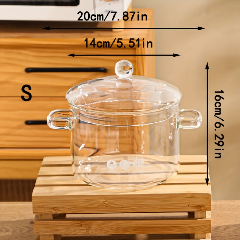 1-piece high borosilicate glass soup pot, featuring a thickened design with a lid. This small hot pot in amber color has double ears and is suitable for households. Can be used on a light fire electric pottery stove for heating and stewing.