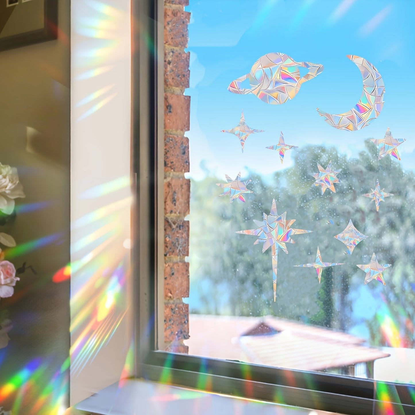 25 pieces of Starry Sky window clings that are designed to prevent bird collisions, made of non-adhesive prismatic vinyl material with rainbow stickers.