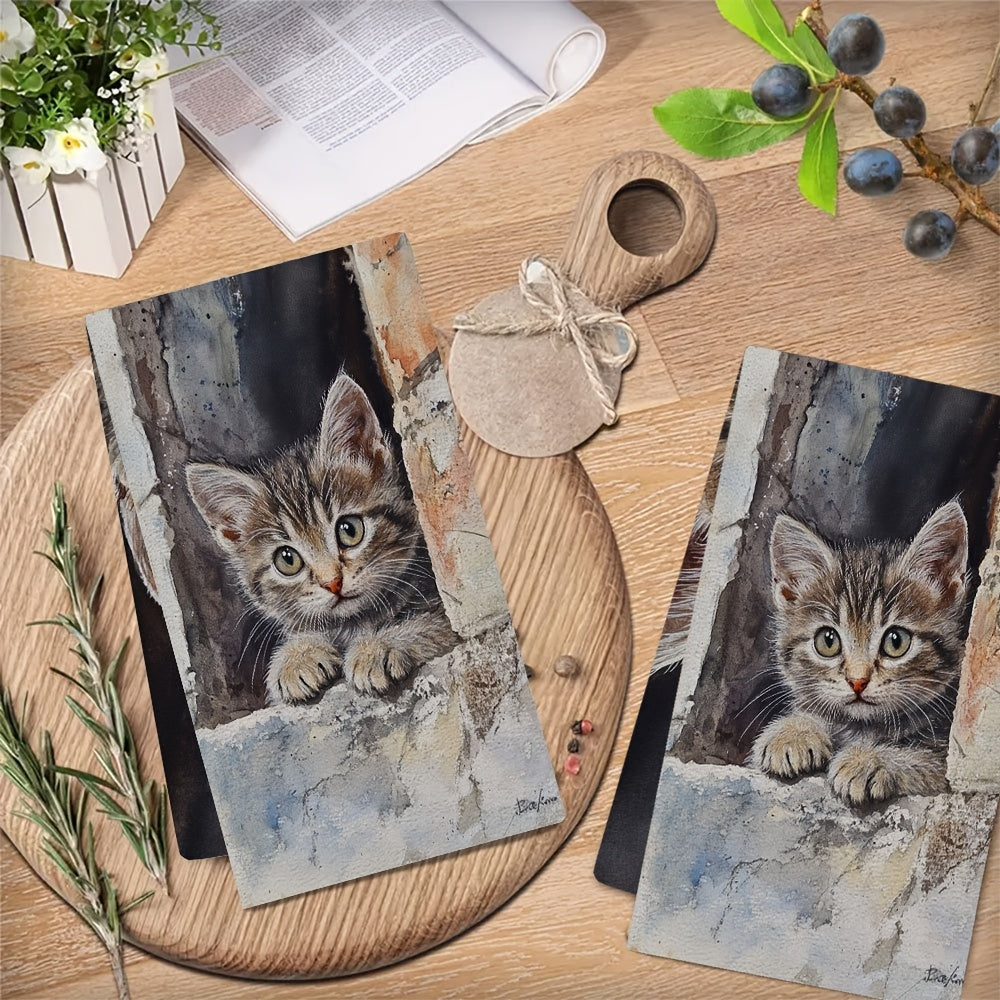 Get your hands on 2pcs of ultra soft kitchen towels featuring an adorable peeking kitten design. These highly absorbent and machine washable dish hand towels come in a contemporary style and measure 40.64x60.96 cm. Perfect for home decor or as dish