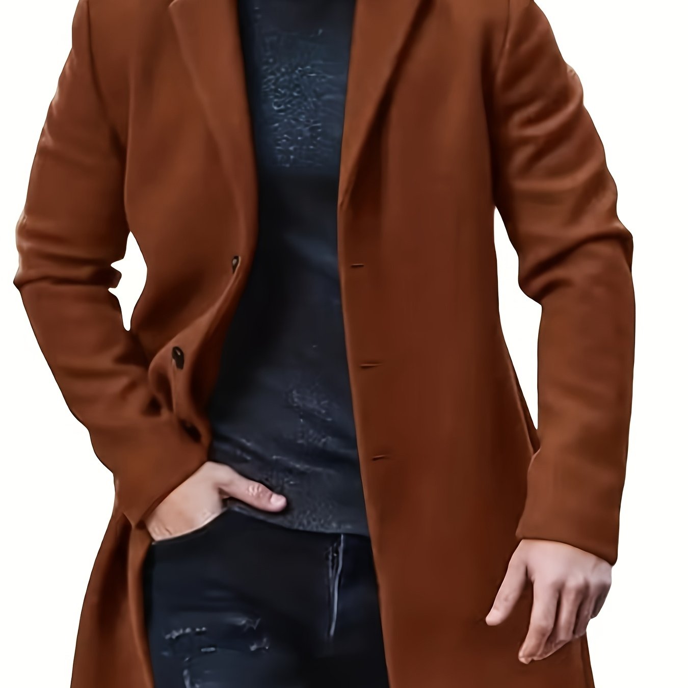 Men's plus size casual trench coat made of 100% polyester solid color non-stretch woven fabric with lapel collar, button detail, and loose fit, suitable for spring/fall outerwear.