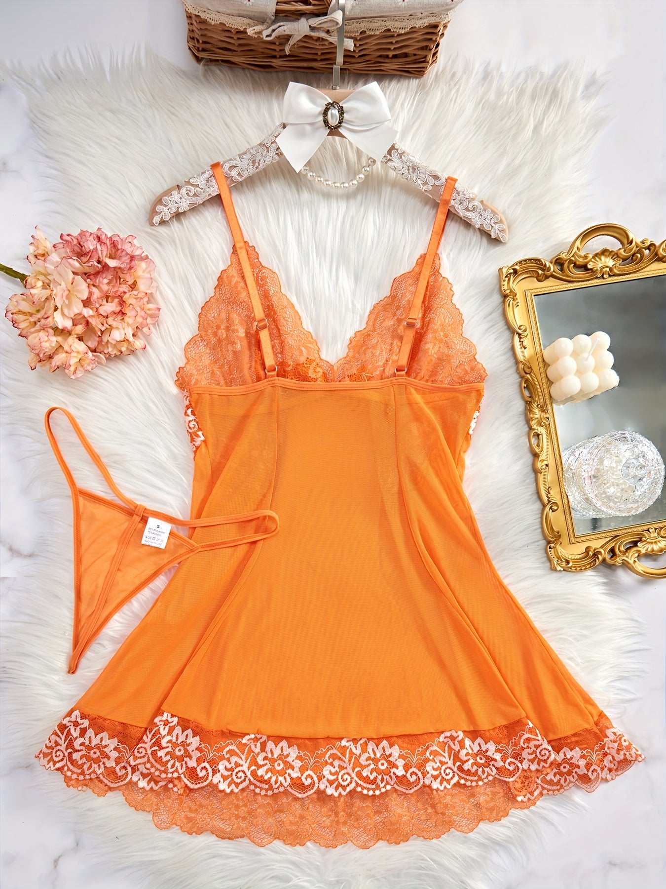 Koningsdag Lace Slip Nightdress with Deep V Backless Bow Tie