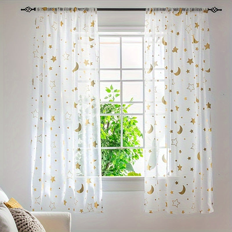 White tulle curtains with shiny silver and golden stars moon cartoon design, perfect for kids' room. Can also be used as modern and cute window treatment sheers for living room or bedroom. Features 1PC rod pocket top for easy hanging.