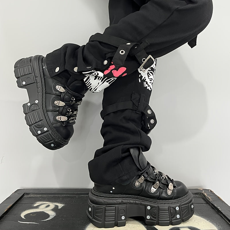 Women's gothic black high-top sneakers with platform heel, round toe, lace-up closure, non-slip sole, metal decoration, and thick high heel sole.