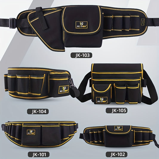 Multifunctional tool waist bag made of waterproof Oxford cloth, with a buckle closure and convenient hook and loop tape for easy access.