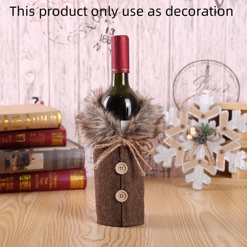 Festive Christmas wine bottle cover with plush fur collar, made of polyester, ideal for holiday parties and home decor.