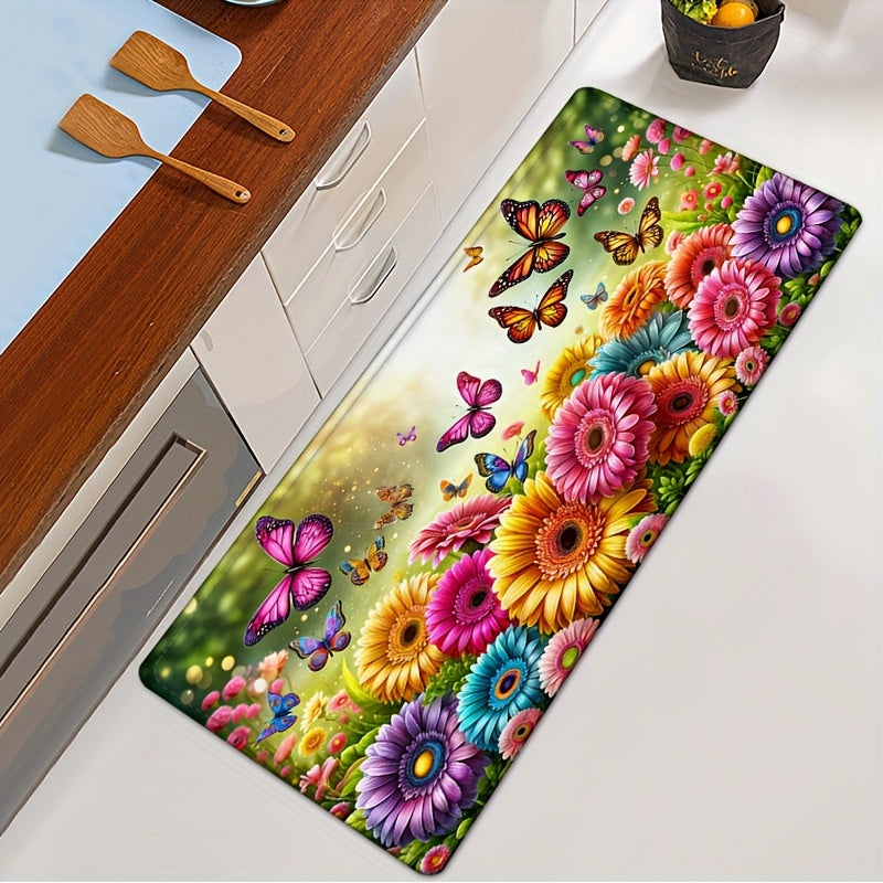 1 piece of Flannel Flower Anti-fatigue Kitchen Carpet with Sunflower Absorption and Anti-slip features, Butterfly Stain Resistant and Waterproof Mat for comfort in any room.