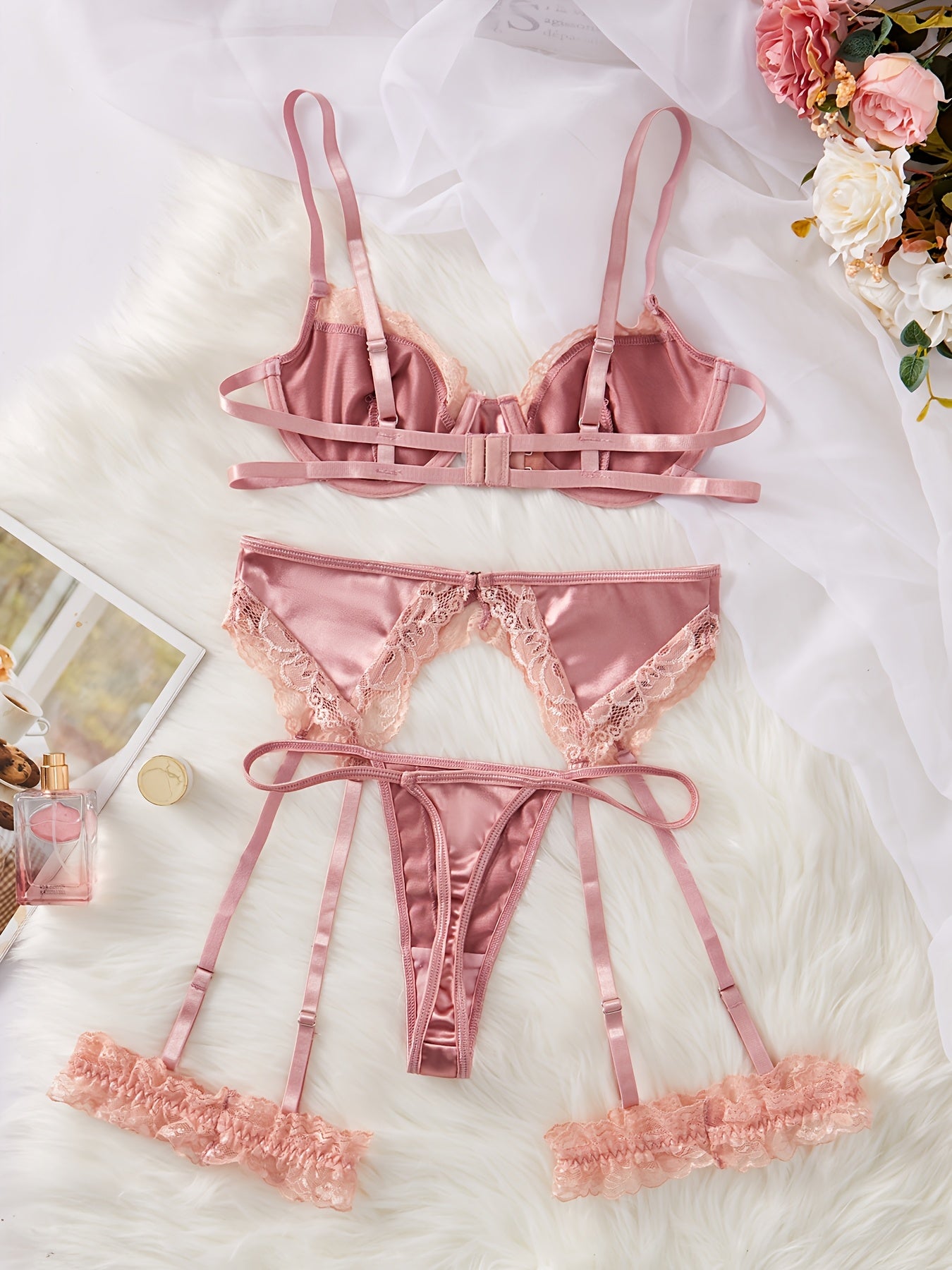 Fall/Winter Sale: Women's Lace Bra Set with Thong, Garter Belt, and Foot Rings