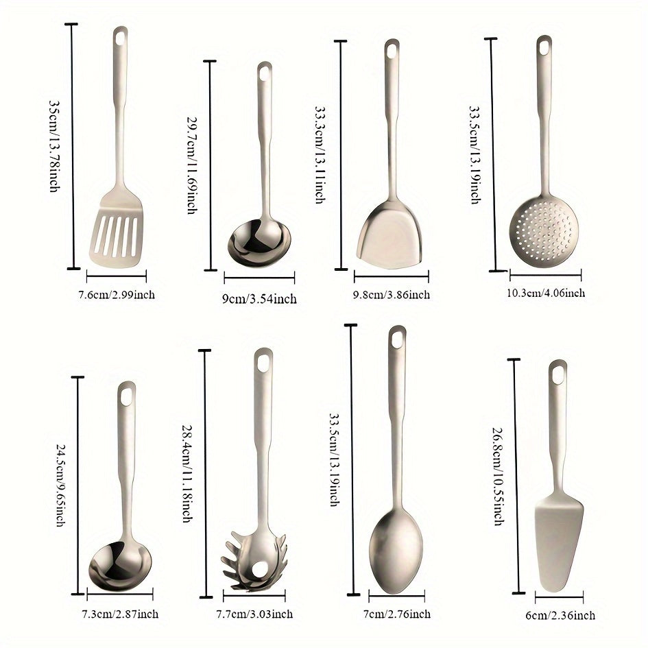 A set of 8 stainless steel kitchen utensils with comfortable grip handles - Dishwasher safe and silver in color.