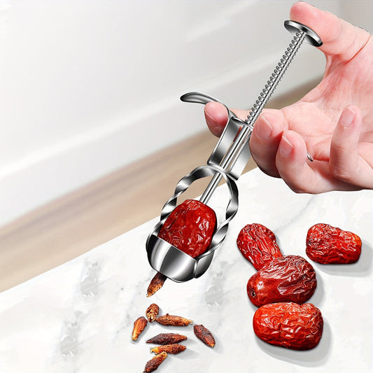 Professional grade kitchen accessory that is a durable fruit and vegetable seed remover. This stainless steel date pitter corer tool set is a multifunctional kitchen gadget perfect for jujube, cherry, and olive pitting. It is a handy pit extractor device