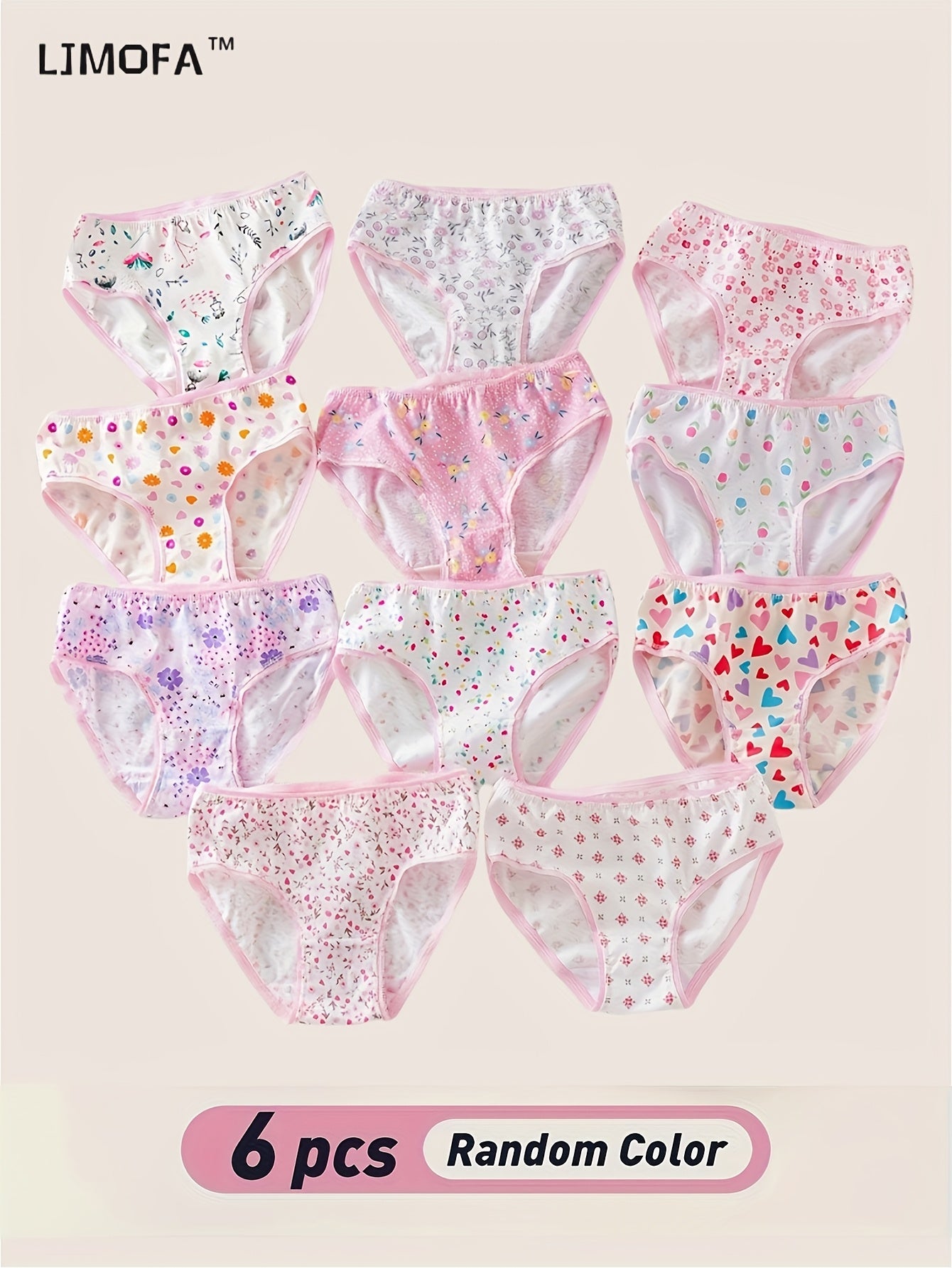 6 pieces of girls' cotton brief panties with floral print in bright pink colors, soft, comfy, breathable lace triangle underpants, perfect gift for daughter or granddaughter.