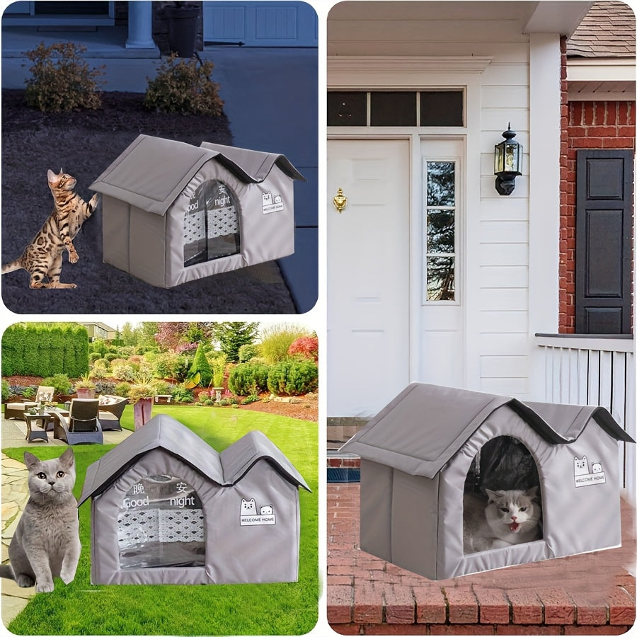 All-weather cat house with removable mat and paw print blanket, perfect for indoor or outdoor use.