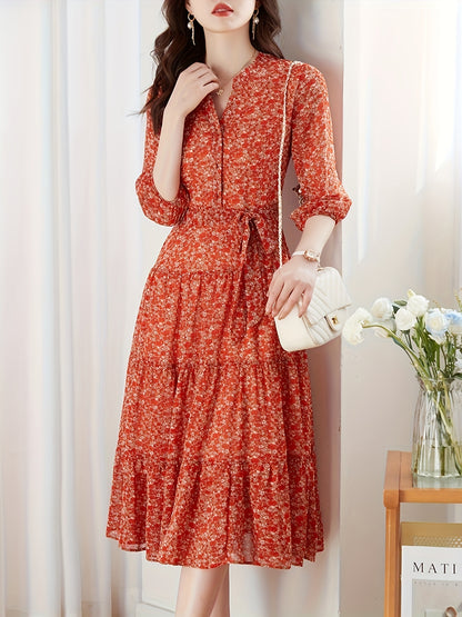 Elegant red floral chiffon maxi dress for women with a flattering slimming effect, complete with a belt.