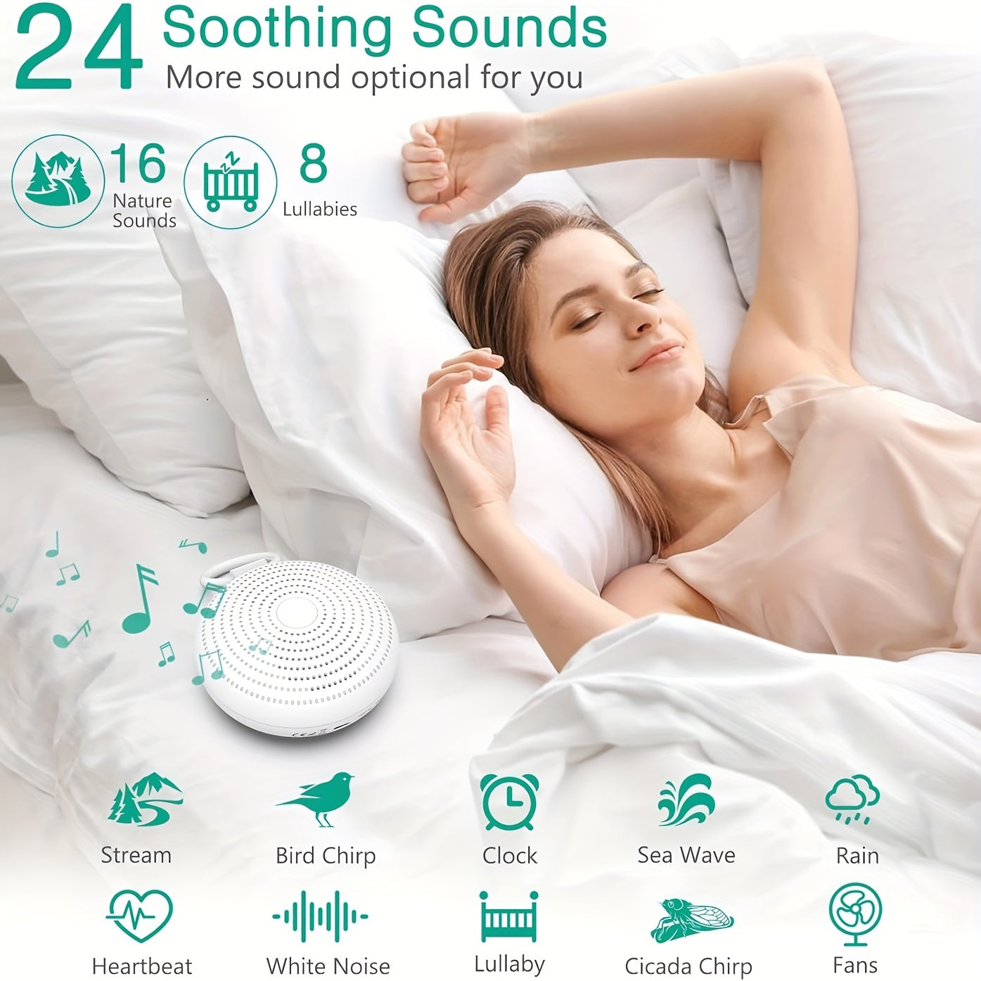 White Noise Sound Machine SA18 features 24 soothing sounds, a customizable night light, and a convenient travel hook - perfect for relaxation and children.