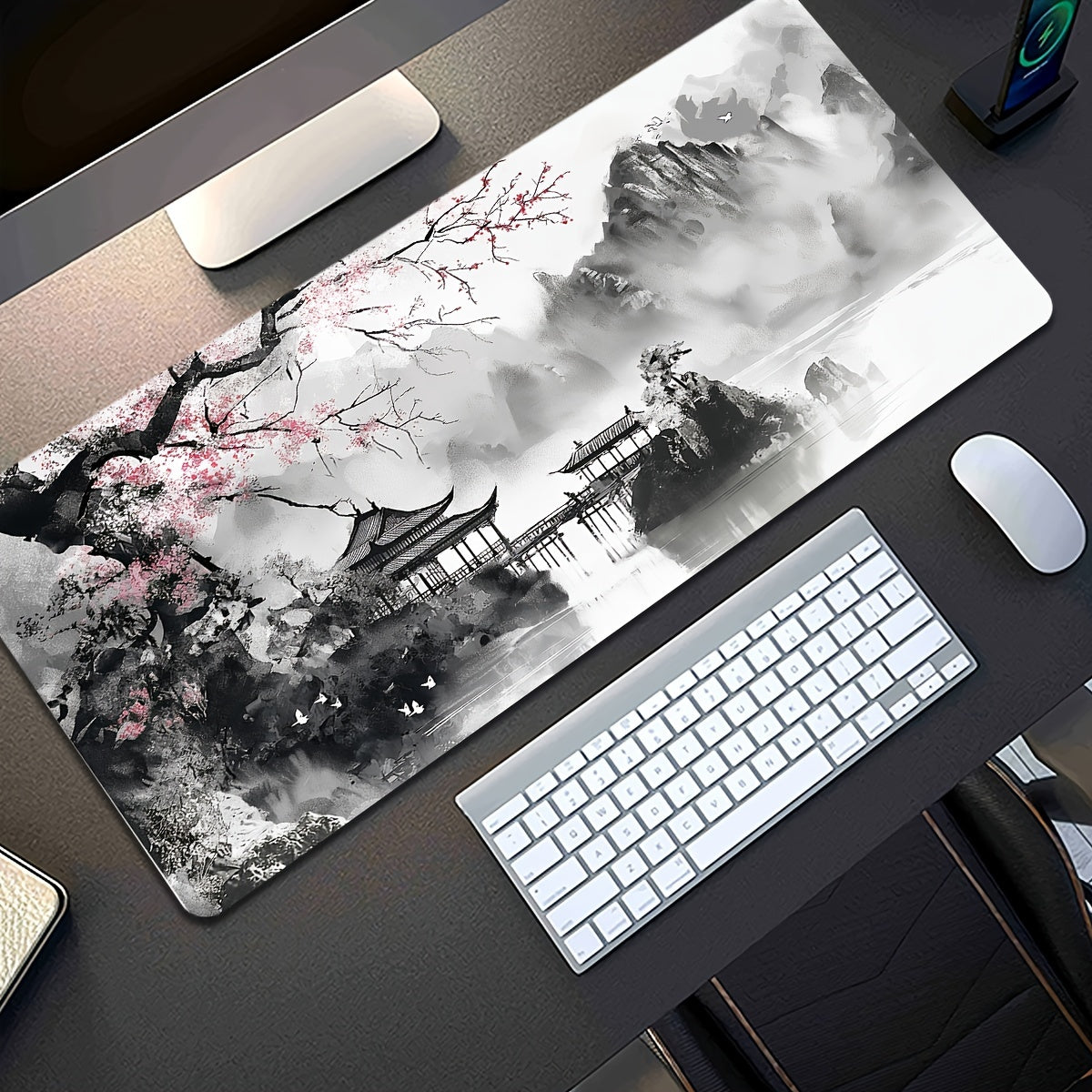 Cherry Blossom Watercolor Gaming Mouse Pad - XL size with Non-Slip Base, Polyester, Rectangular, Ideal for Office and Home Use, 80.01 x 29.97 cm