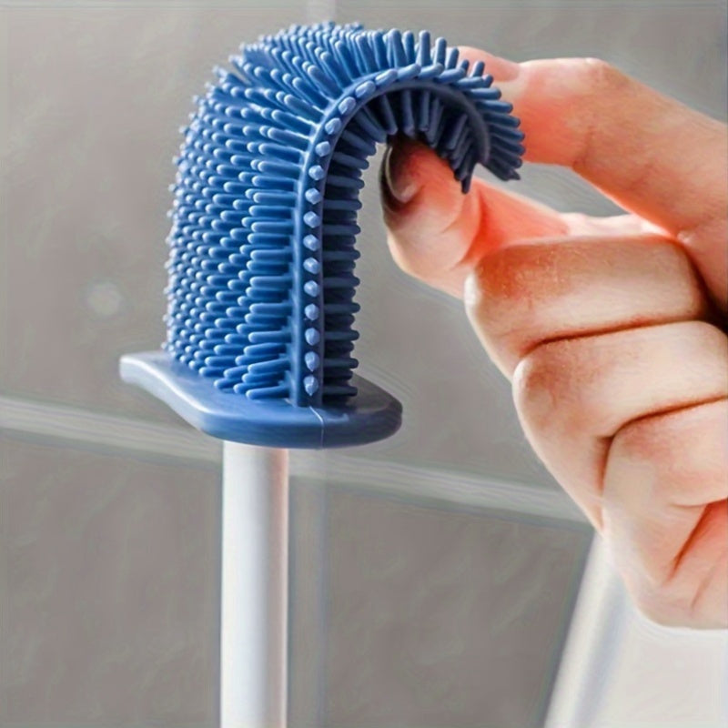 Silicone toilet brush set with wall mounting, space-saving long handle design. Includes 2 brushes and holder for versatile cleaning. Perfect for living rooms, bathrooms, toilets, and