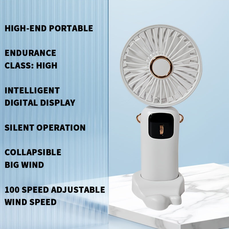 Handheld Fan with Phone Holder, Portable LED Display, Foldable Design, Adjustable Speeds, Rechargeable Battery, 90° Wind Angle, Cord Included, Suitable for Indoor & Outdoor Use, Made of Durable Plastic