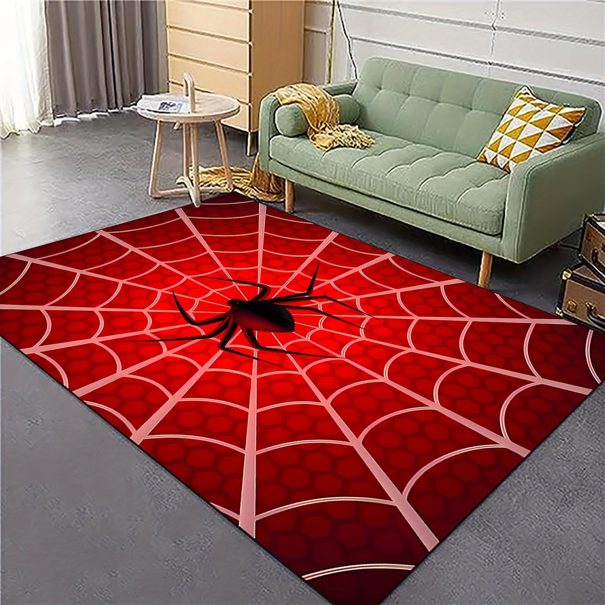 Enhance your space with the 3D Visual Spider Web Pattern Area Rug. This stylish and durable polyester fiber carpet is anti-slip and washable, making it perfect for use in the living room, bedroom, or gaming room. It is an ideal decoration for a boy's