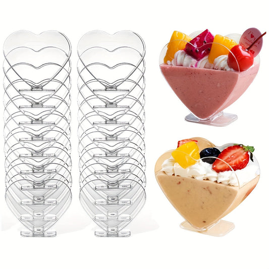 Set of 20, 3 oz Clear Plastic Mini Dessert Cups - Perfect for Parfaits, Appetizers, Heart-shaped Small Serving Bowls for Cakes, Ice Cream, Tastings, Parties, Buffets, and Weddings