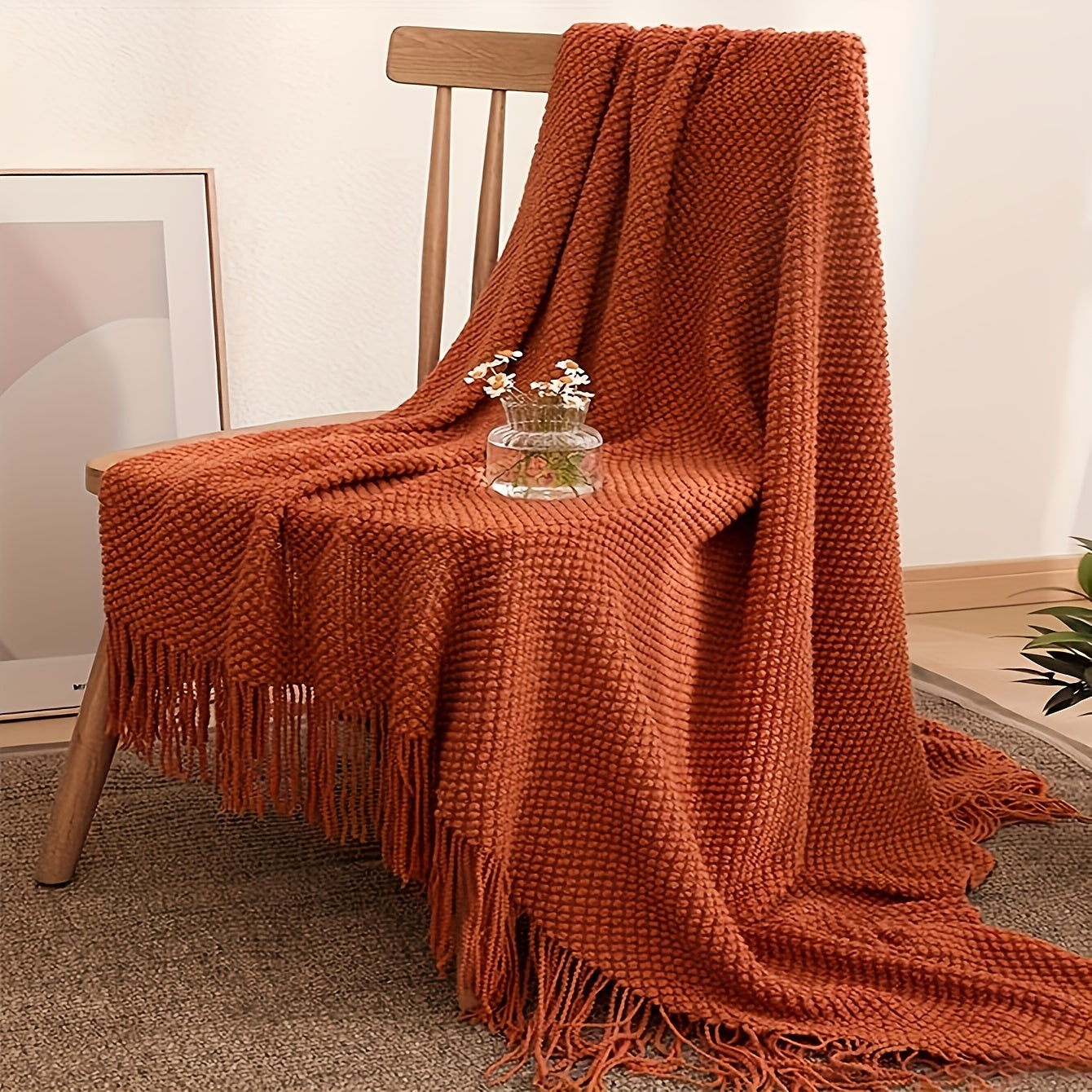 Orange Knit Throw Blanket with Long Tassels - Lightweight, Bubble Textured, Soft Blanket for Bed, Couch, Sofa, Chair, Outdoor Picnics - All Season Use - 1 Piece