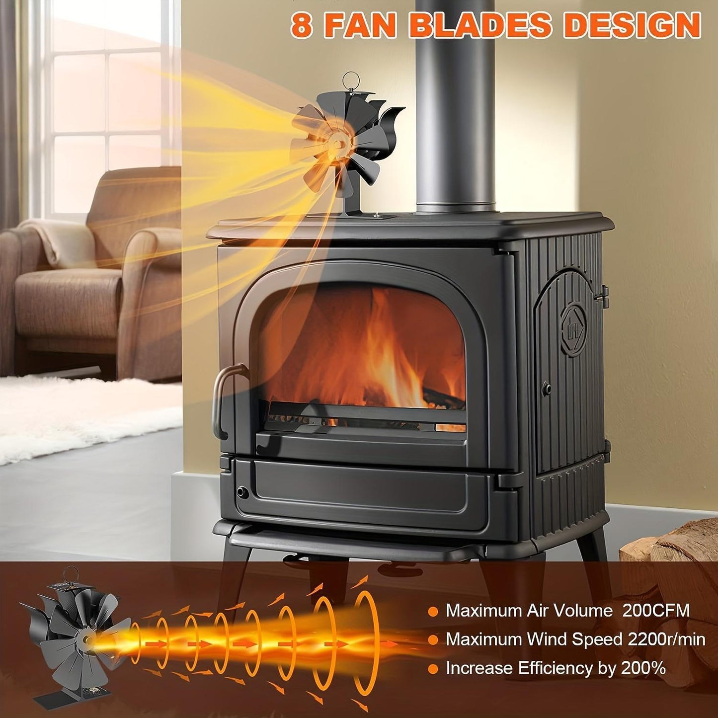 Enhance Heat Distribution with our High-Efficiency 8-Blade Fireplace Fan featuring a Built-In Thermometer. Ideal for Wood Stoves & Log Burners, this Black Fan is Perfect for Fall & Winter Home Comfort. Includes Thermometer Base.