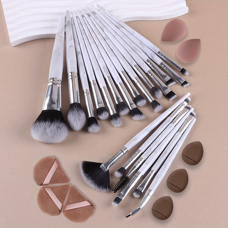 28pc Makeup Brush Set with various brushes for face and eyes, includes beauty sponges and puffs, suitable for all skin types.