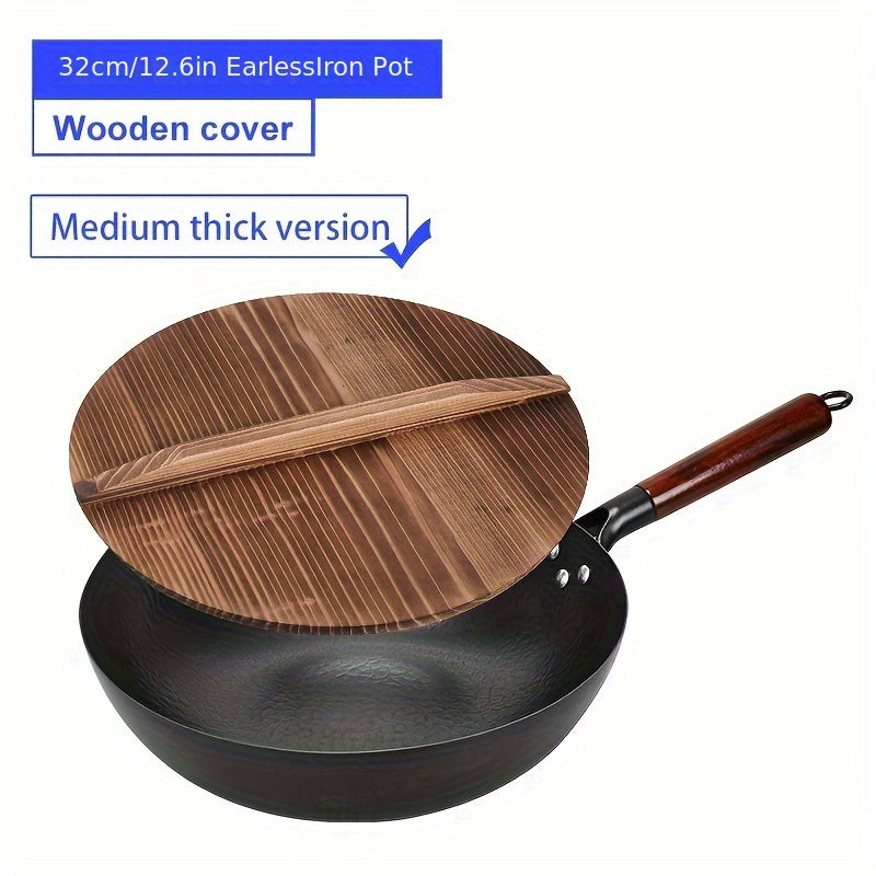 Traditional hand-forged 32cm/12.6in iron wok and stir-fry pan comes with a wooden lid. This non-coated, non-stick pan should be hand washed only. It features a durable cast iron handle and is compatible with smooth surface non-induction cooktops.