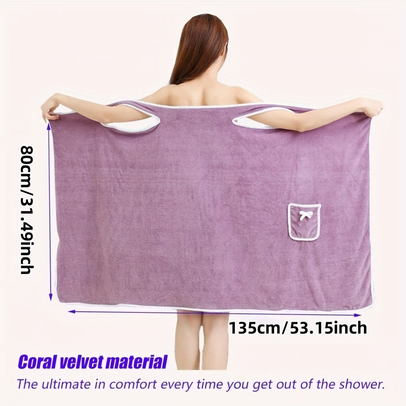 A multipurpose bath towel and robe set for women, including a lightweight shower bathrobe with pockets. Ideal for bathroom use, beach trips, swimming, changing, home, and travel. Soft, absorbent, and quick-drying.