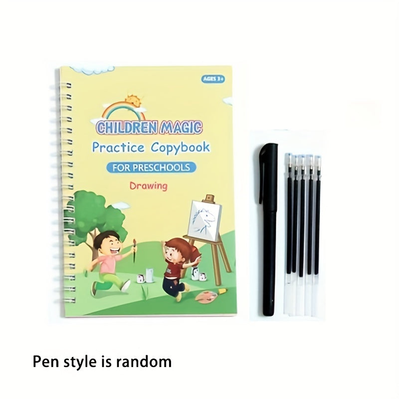 Kids Educational Writing Practice Set includes spiral bound copybook with pen for preschoolers to learn alphabet, numbers, and addition for early literacy and math skills development.